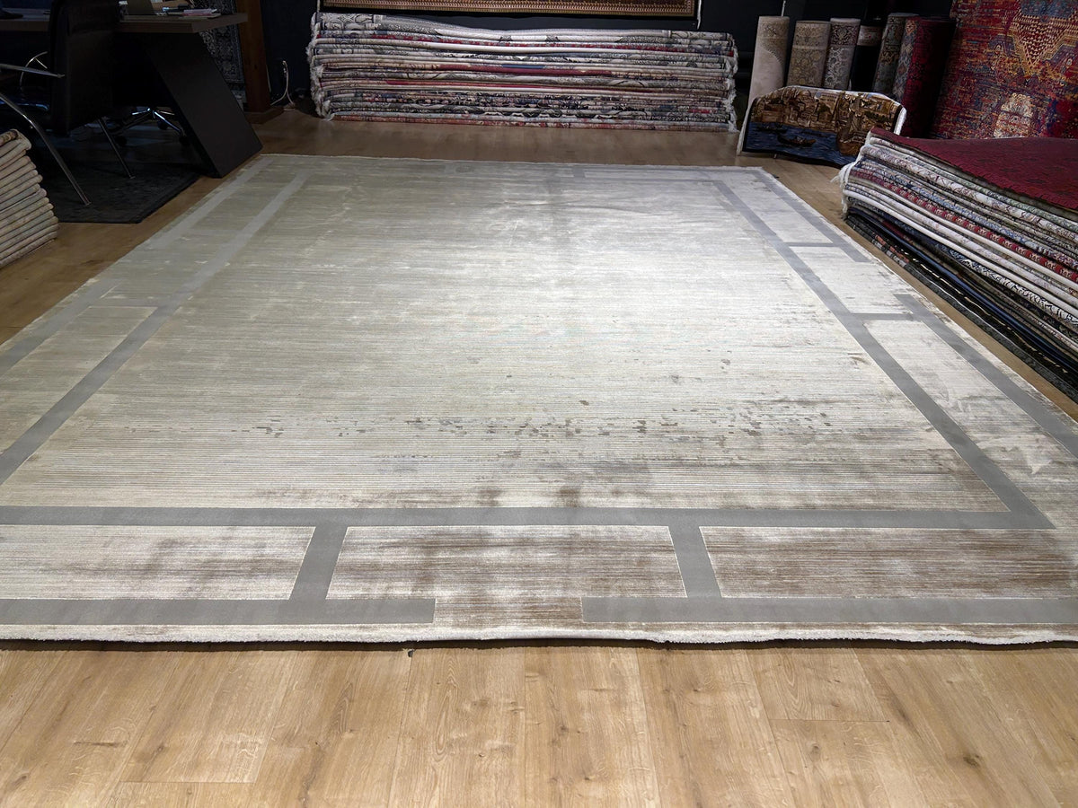 10x13 ft Beige Gray Bamboo Rug, Bordered Modern Rug