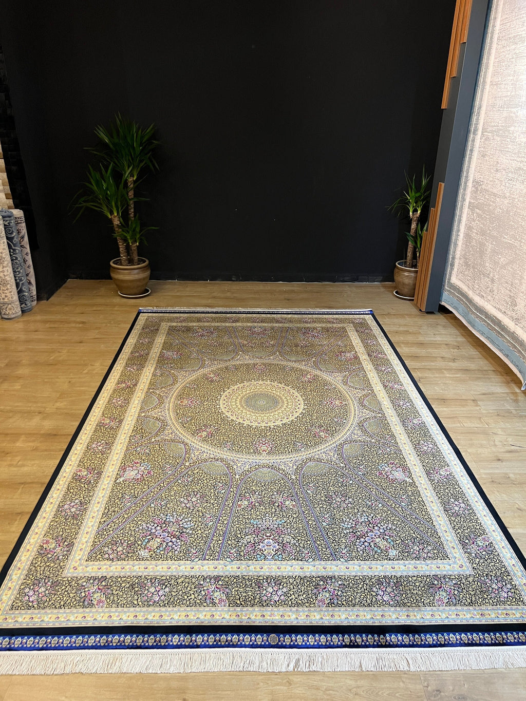 Black Gold Modal Silk Rug 7x10 ft, Turkish Style Medallion Carpet