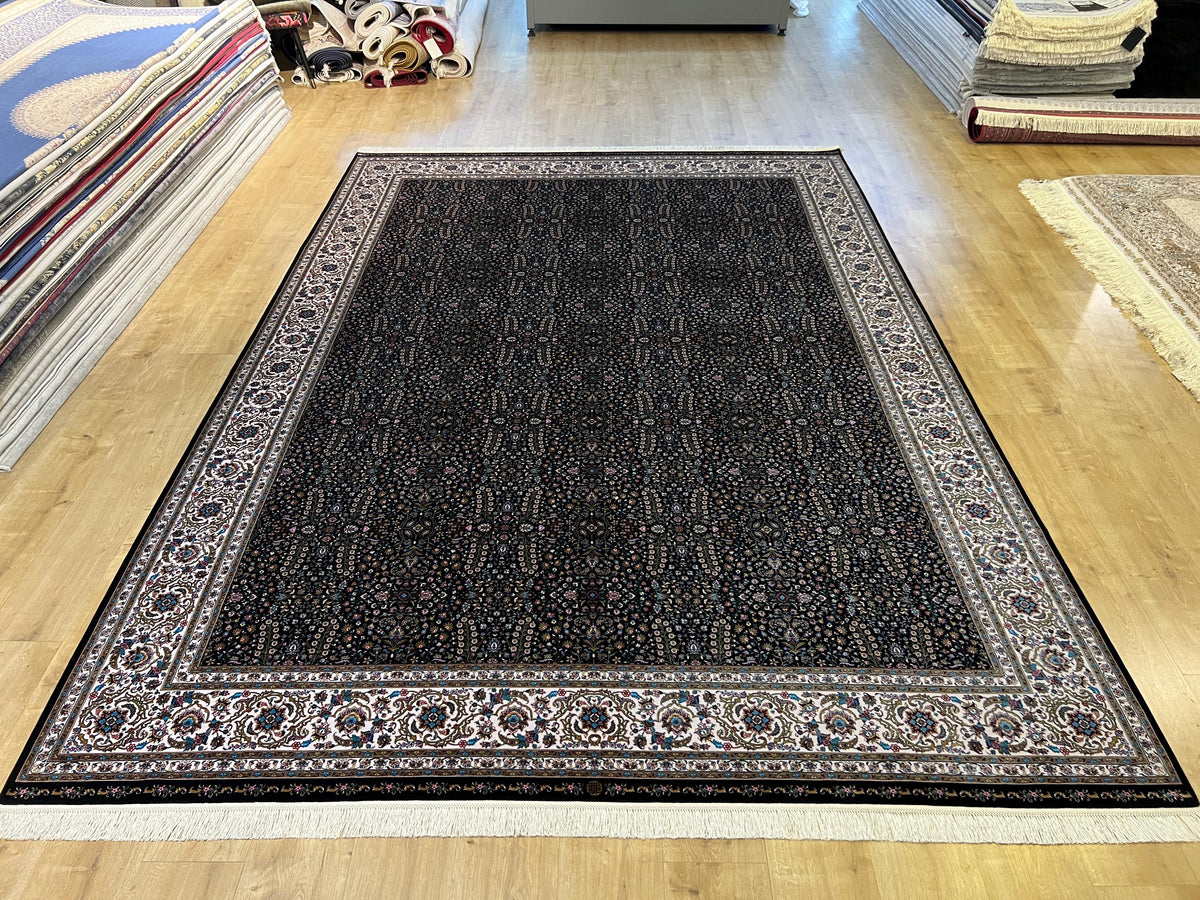 Black Modal Silk Rug 8x11 ft, Traditional Turkish Palace Design
