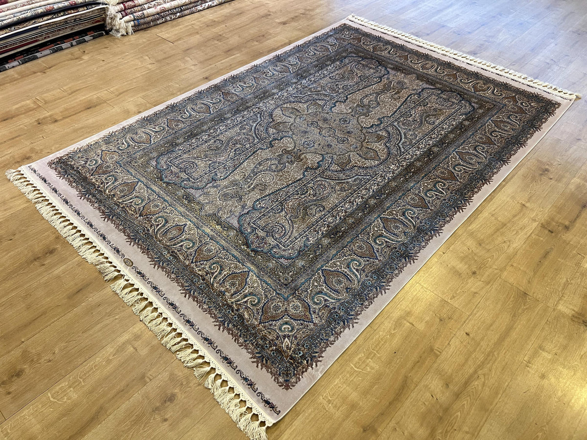 Blue Gold Silk Rug, Medallion Design Classic Silk Carpet