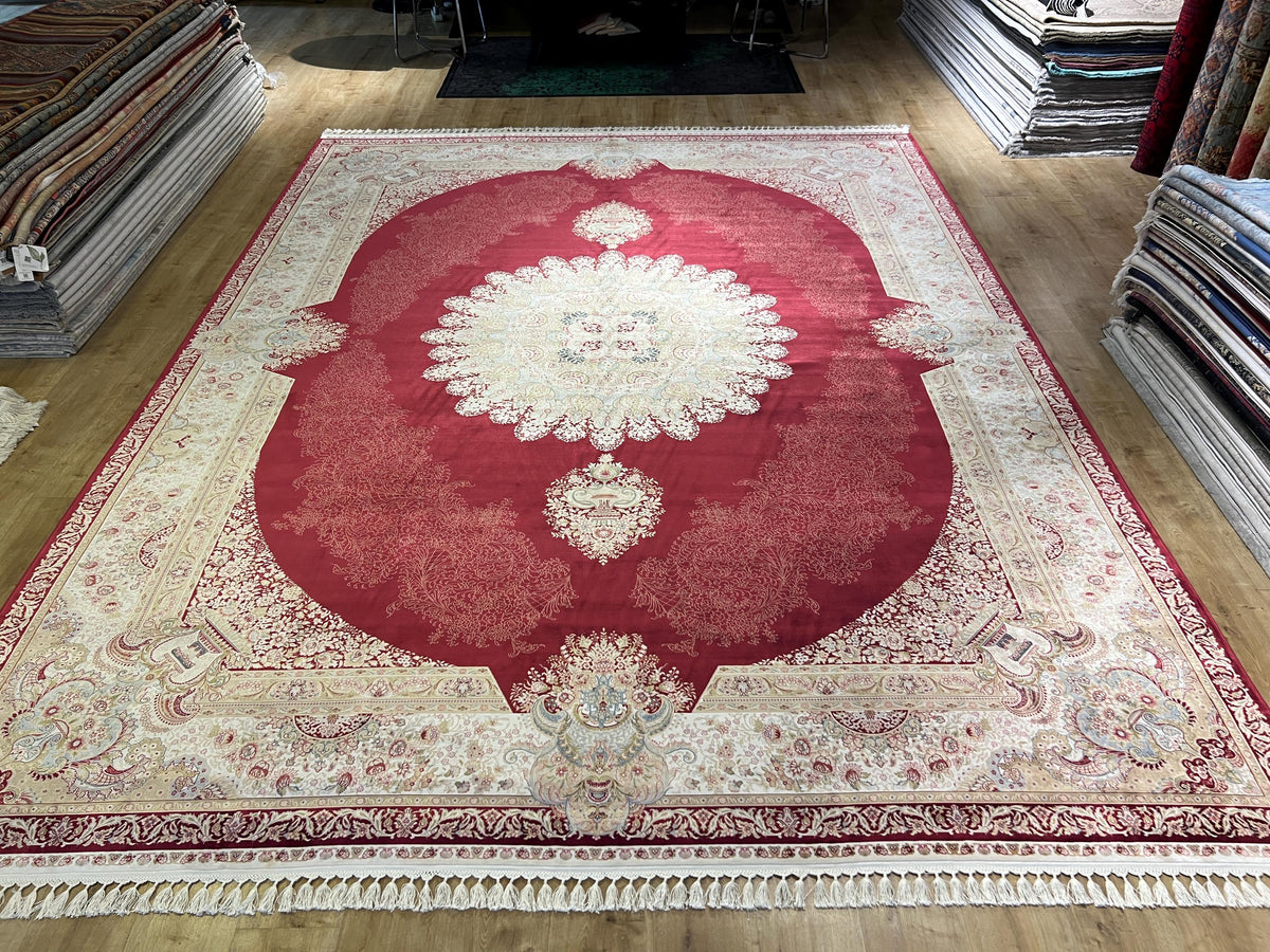 Red Bamboo Silk Rug 10x13 ft, Large Luxury Area Rug with Medallion Design
