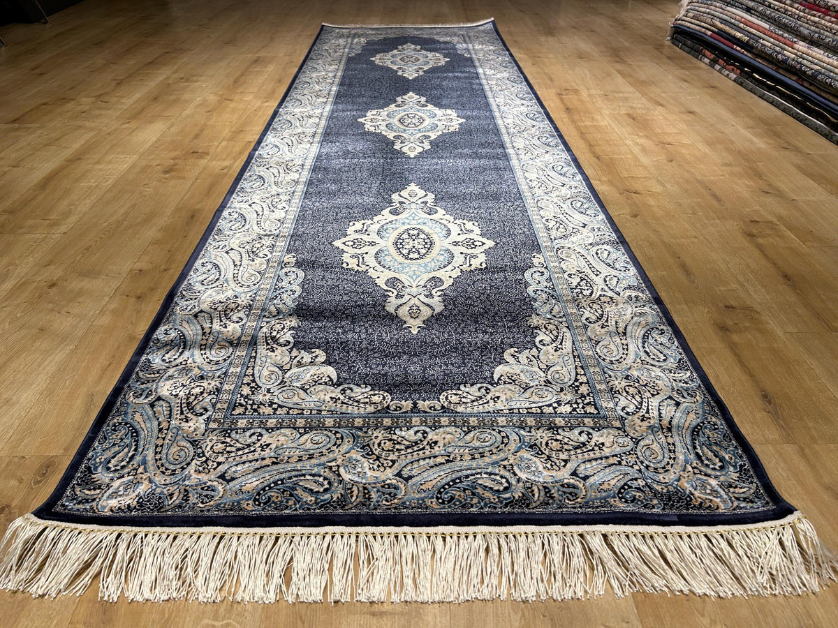 Blue Medallion Turkish Silk Runner Rug, Classic Luxury Hallway Rug