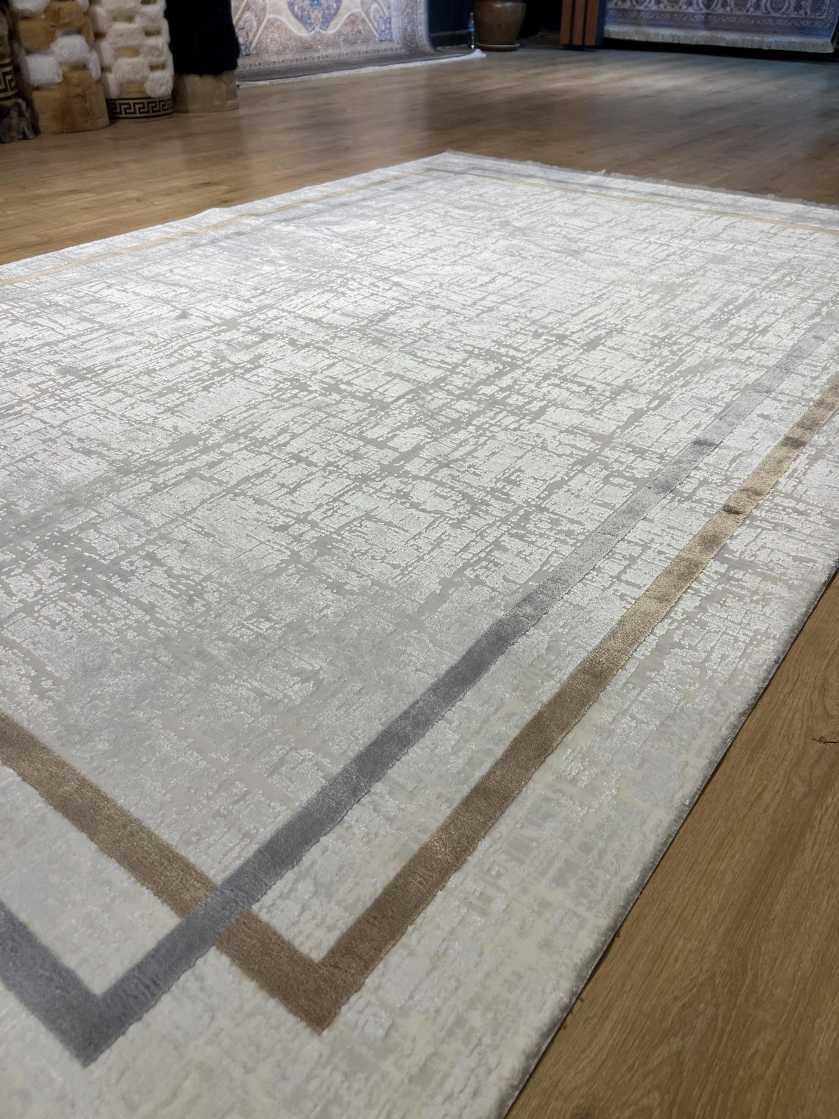 5x8 Ft Cream Bamboo Rug with Gray Gold Border, Modern Style