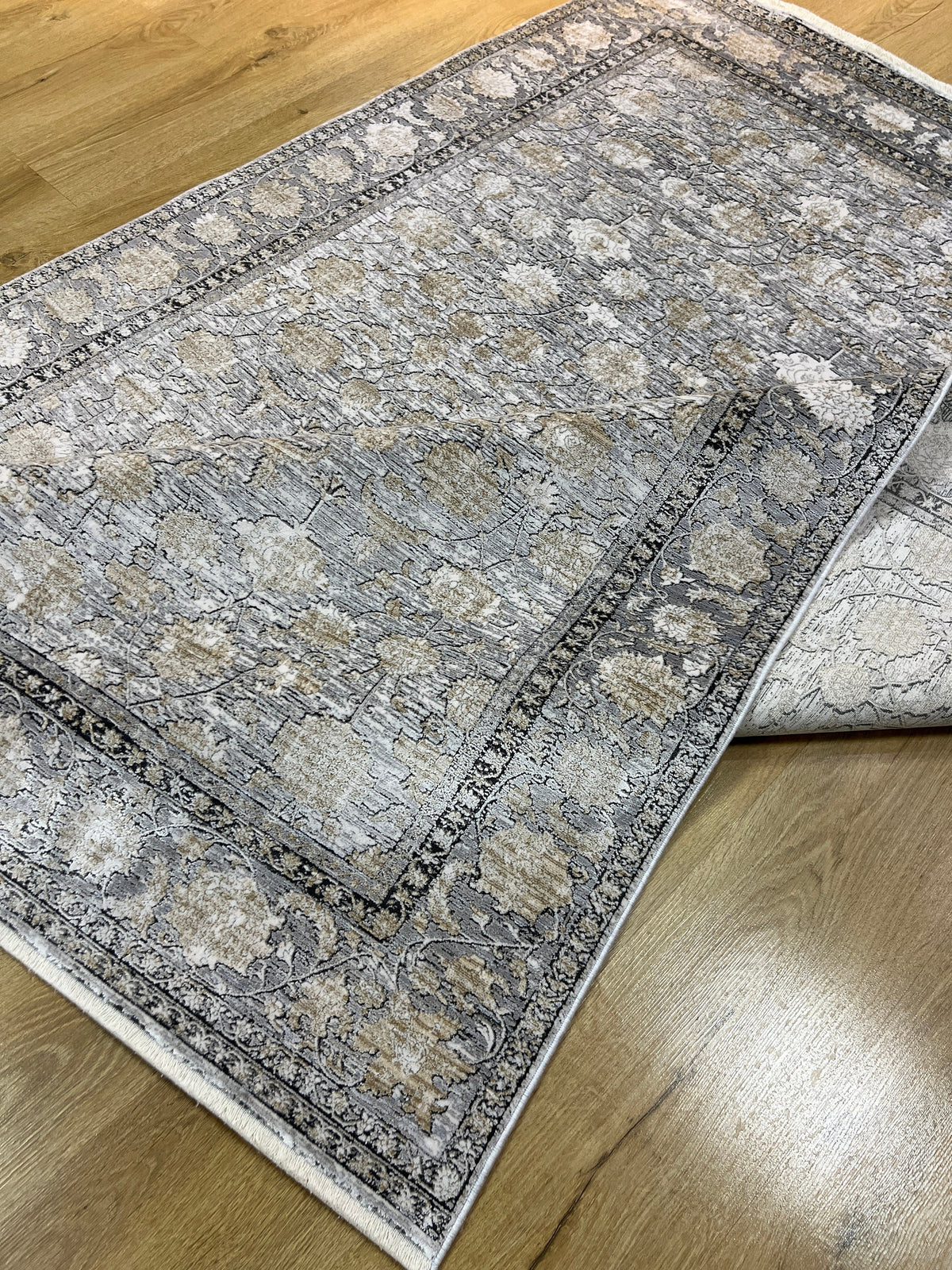 Gray Bamboo Rug, Turkish Floral Carpet, 5x8 ft