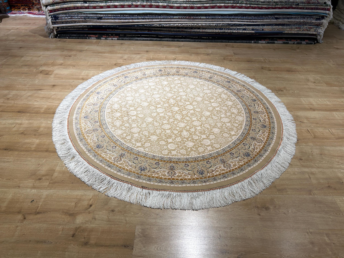 5x5 ft Beige Round Silk Rug, Classic Turkish Style Carpet, Floral Design
