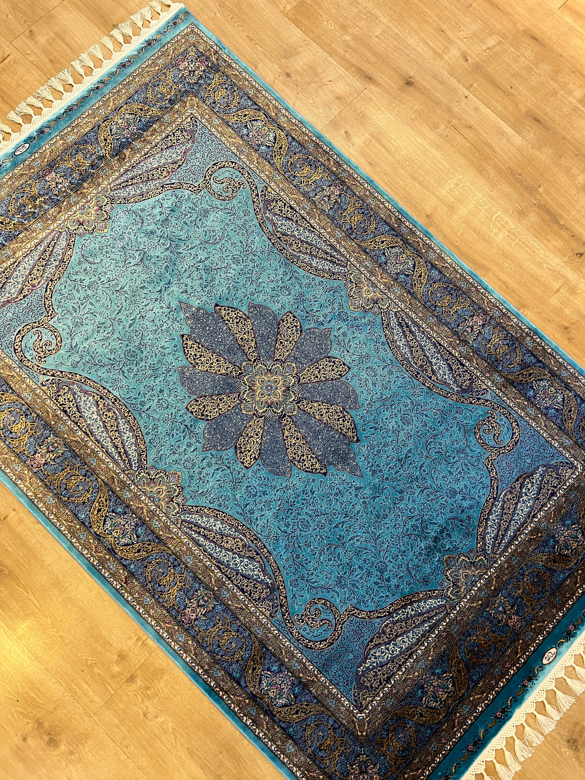 Blue Gold Modal Silk Rug, Classic Turkish Style, Medallion Pattern
