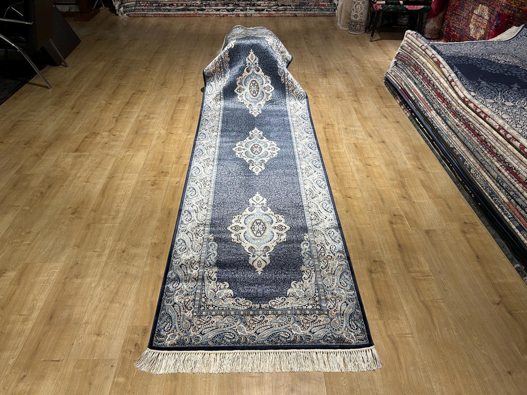 Blue Medallion Turkish Silk Runner Rug, Classic Luxury Hallway Rug