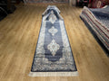 Blue Medallion Turkish Silk Runner Rug, Classic Luxury Hallway Rug