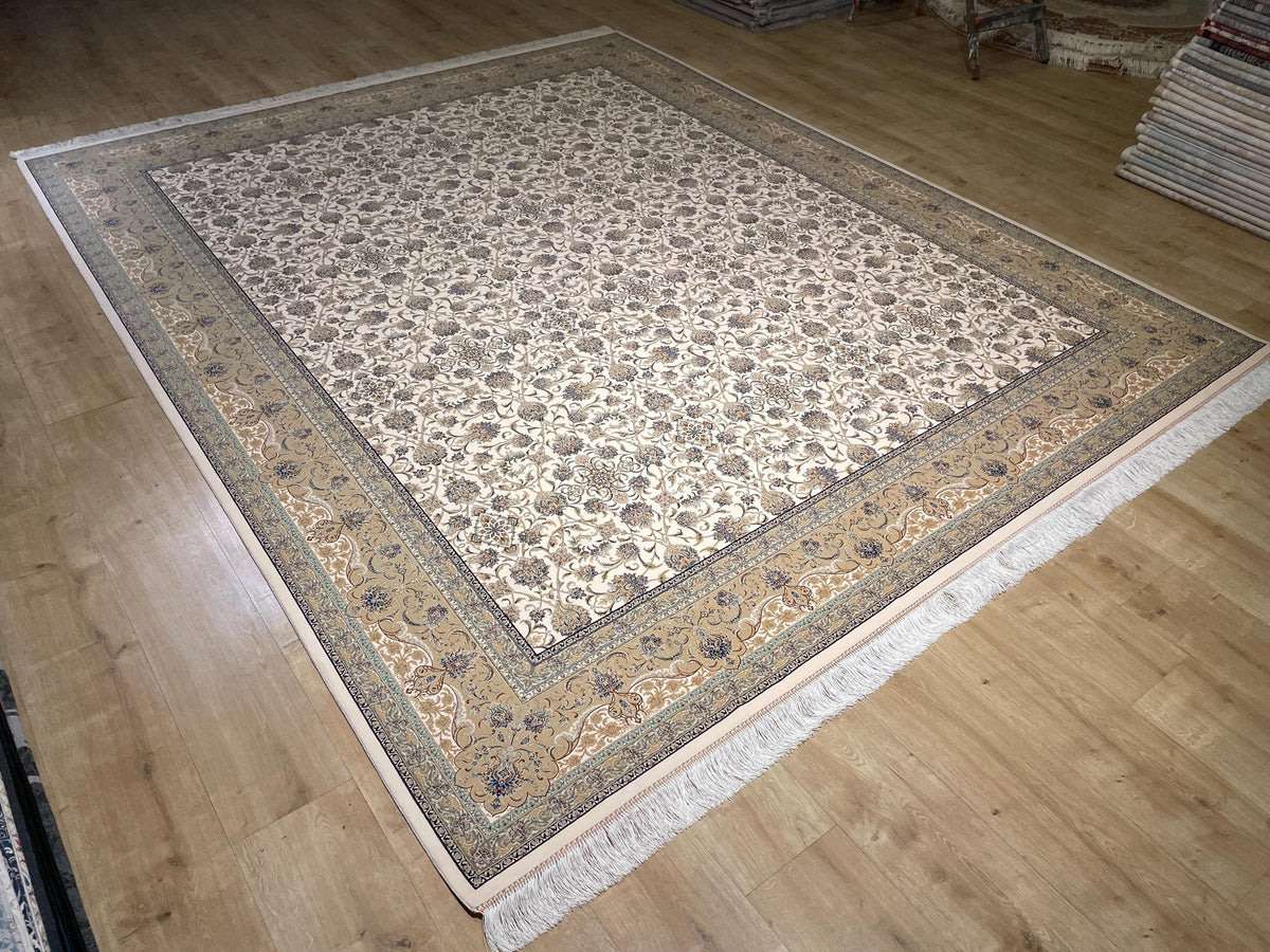 8x10 Ft Cream Modal Silk Rug, Beige Border Floral Design, Classic Elegant Large Rug