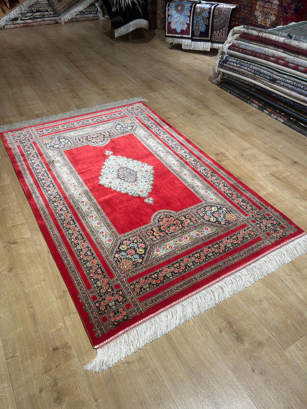 Red Silk Rug, Floral Medallion and Border Design Classic Luxury Silk Carpet