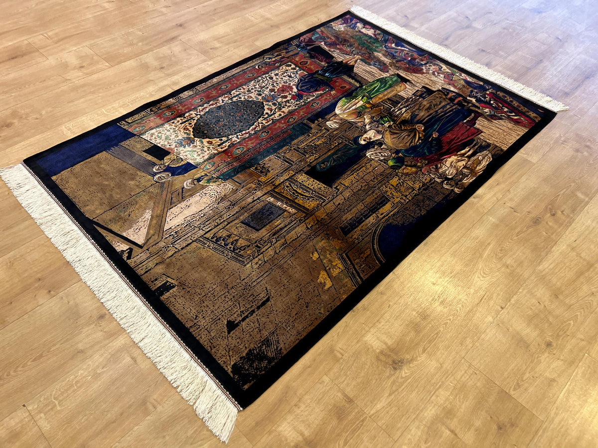 3x5 Ft Tapestry Silk Rug With Historic Bazaar Illustration, Wall Decor