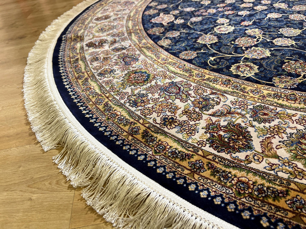7x7 Ft Round Navy Blue Silk Rug, Floral Pattern Design, Classic Luxury Area Rug