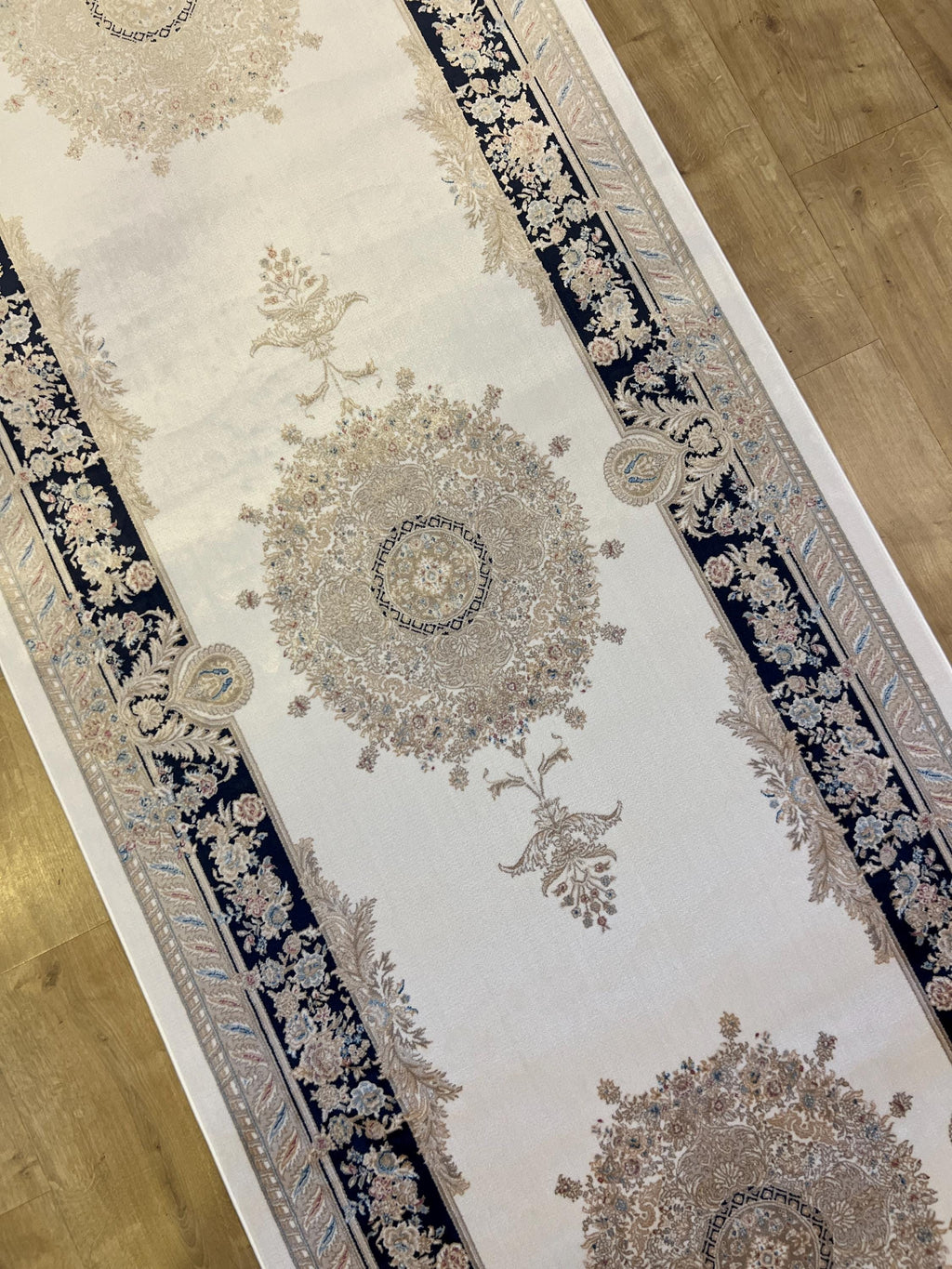 Ivory Silk Runner Rug with Navy Blue Border Gold Medallion, 3x10ft, Classic Turkish Rug