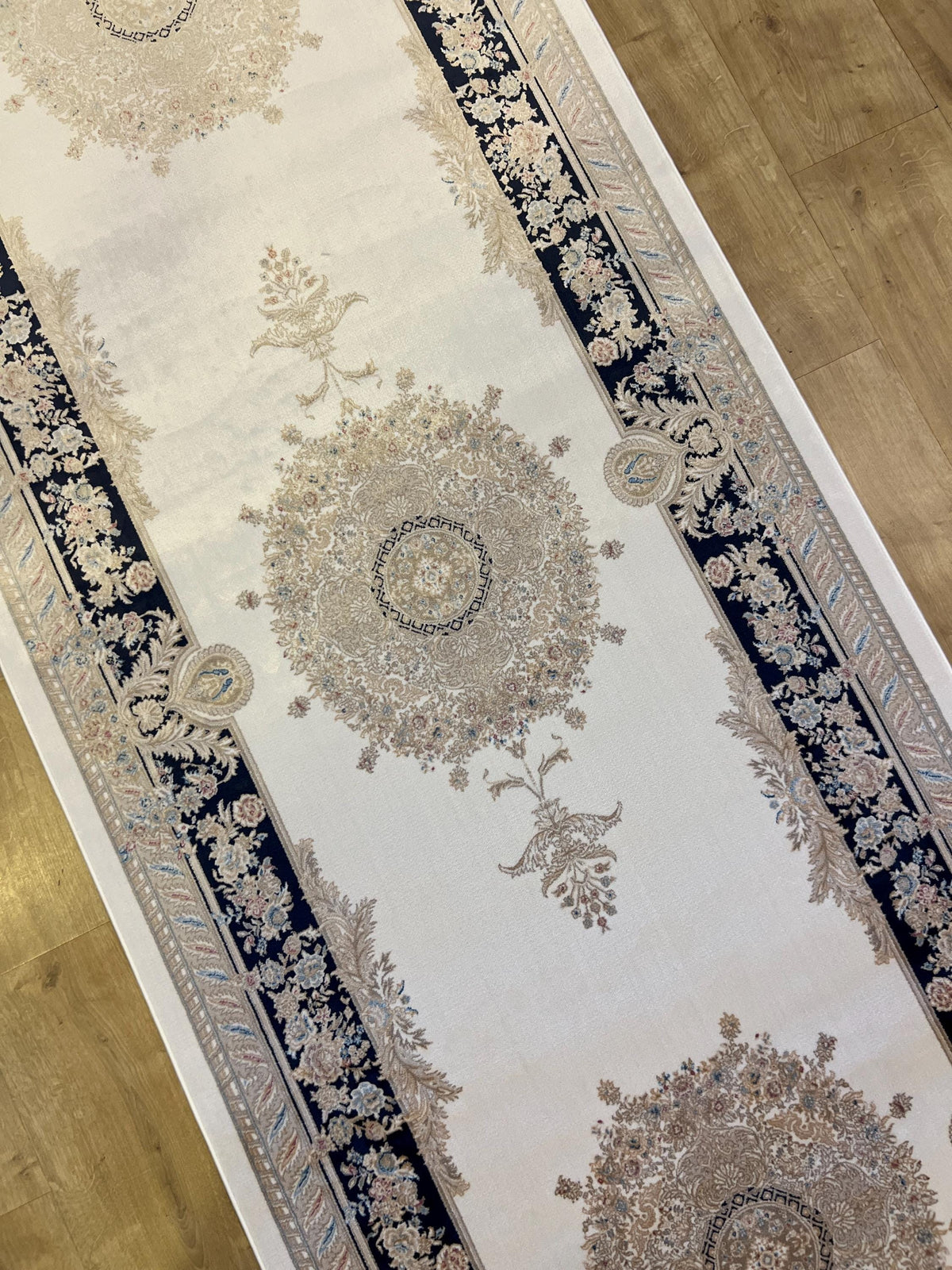 Ivory Silk Runner Rug with Navy Blue Border Gold Medallion, 3x10ft, Classic Turkish Rug