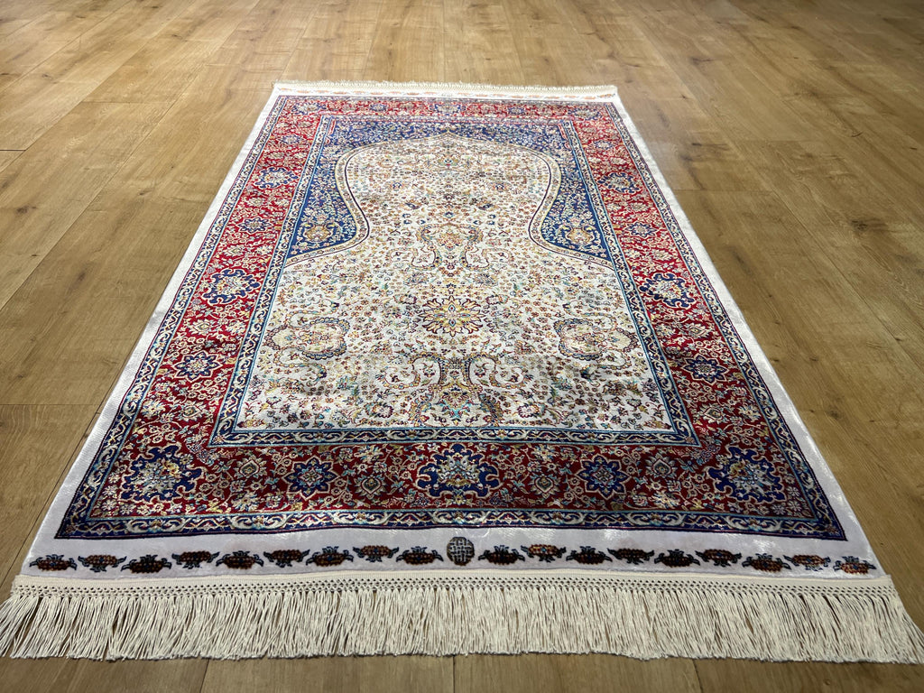 Silk Prayer Rug, Red Blue Muslim Gift Mat, Janamaz Rug 2.62x4.10 ft