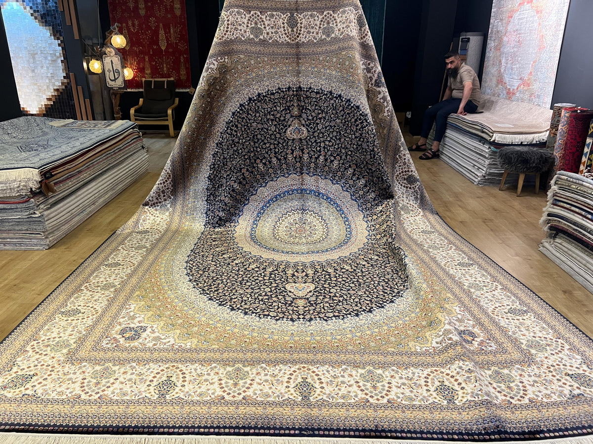 Bamboo Silk Navy Blue Rug 10x13 ft, Luxury Large Rug with Classic Medallion Design