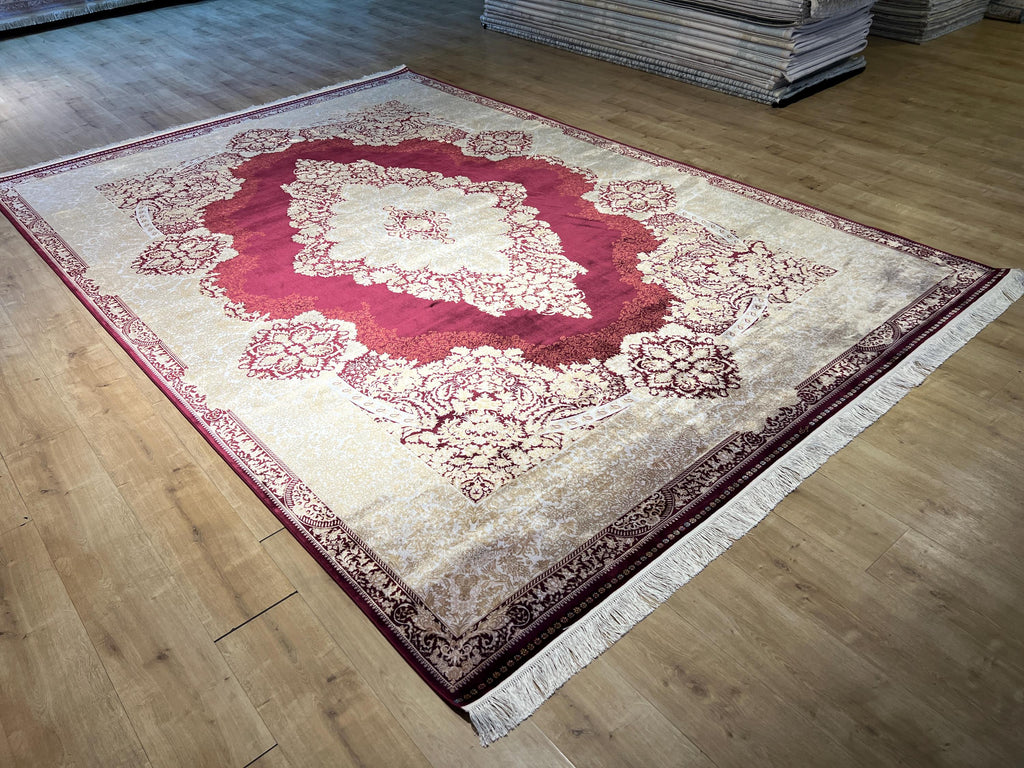 8x11 ft Red Silk Rug with Gold Medallion – Classic Turkish Style Luxury Carpet