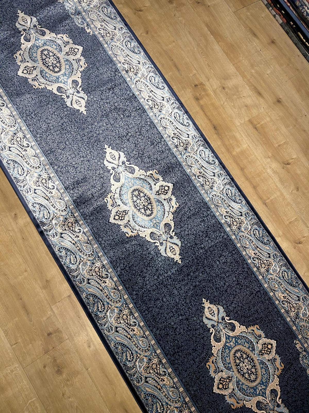Blue Medallion Turkish Silk Runner Rug, Classic Luxury Hallway Rug