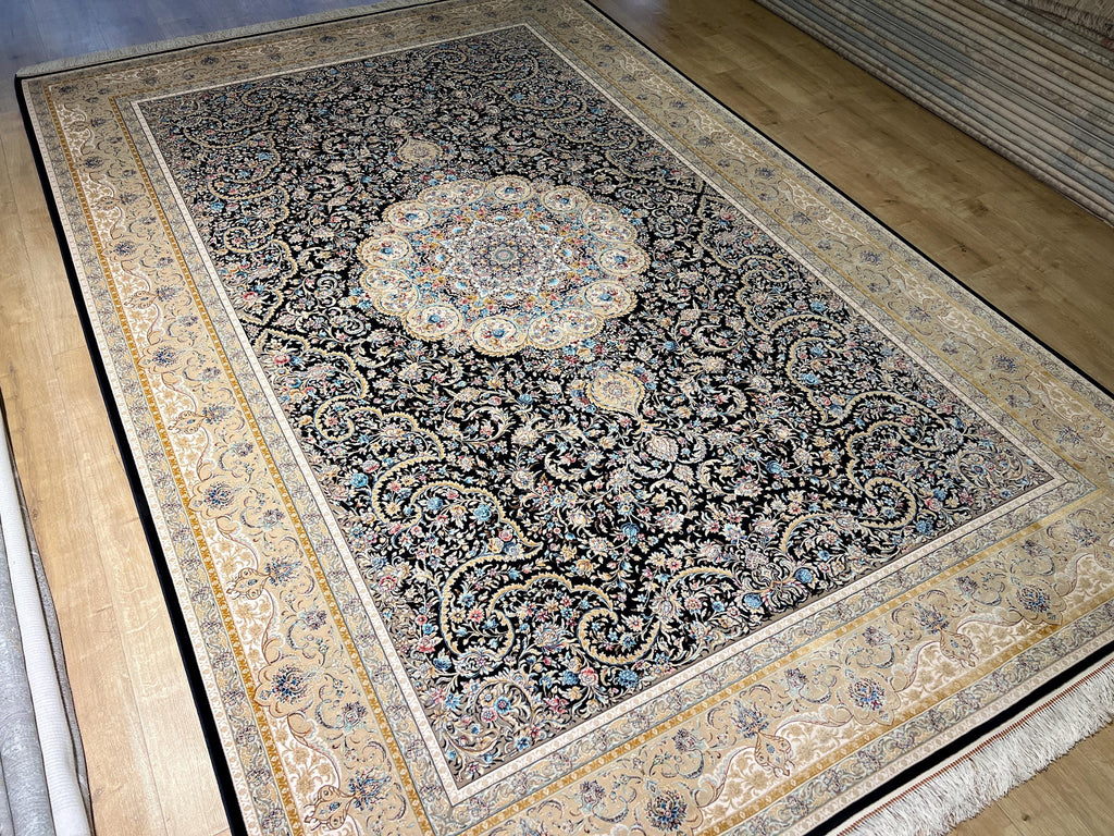 7x10ft Dark Blue Floral Silk Rug, Classic Medallion Oriental Area Rug, Living Room Carpet