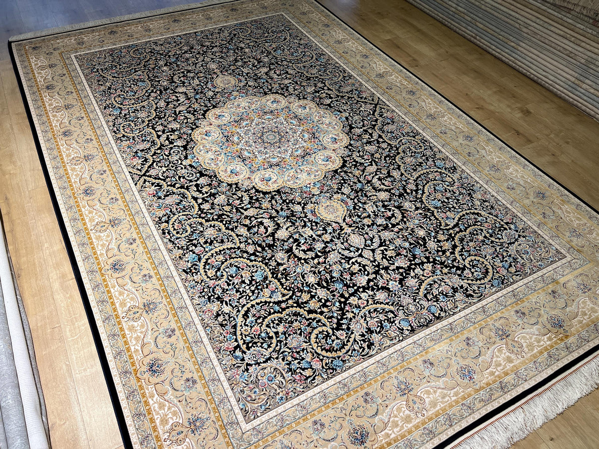 7x10ft Dark Blue Floral Silk Rug, Classic Medallion Oriental Area Rug, Living Room Carpet