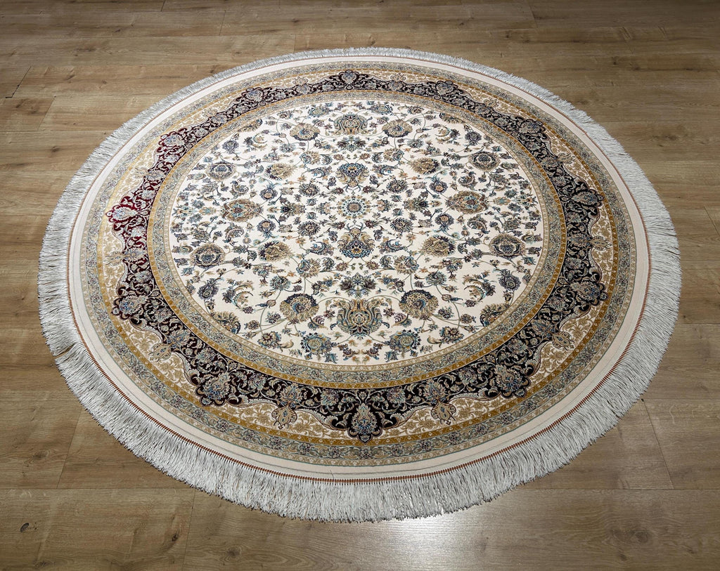 5x5 ft Ivory Round Silk Rug, Red Gold Border Design, Turkish Style Floral Pattern