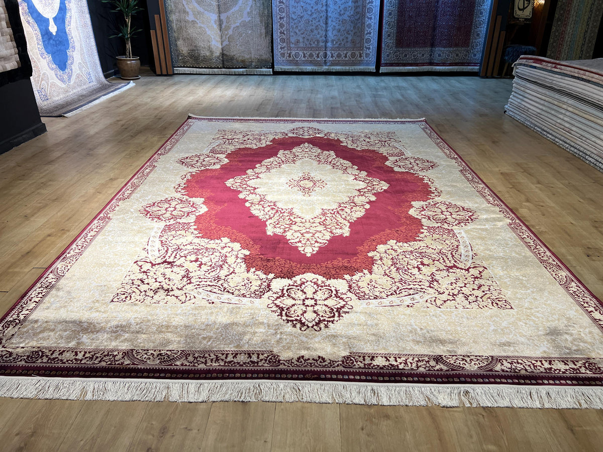 8x11 ft Red Silk Rug with Gold Medallion – Classic Turkish Style Luxury Carpet