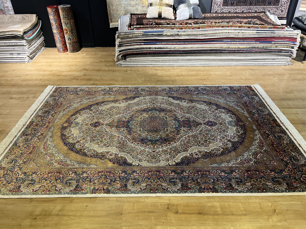 7x10 ft Ivory Silk Rug with Colourful Floral Medallion, Classic Luxury Carpet