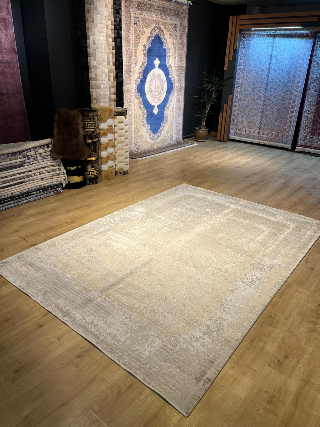 7x10 ft Brown Gray Abstract Bamboo Area Rug, Luxury Home Decor