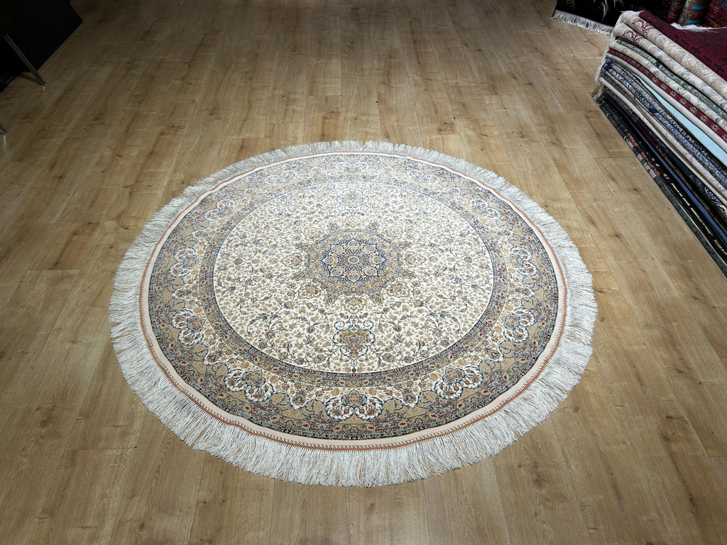 5x5 ft Ivory Blue Beige Round Silk Rug, Classic Turkish Medallion Design Carpet