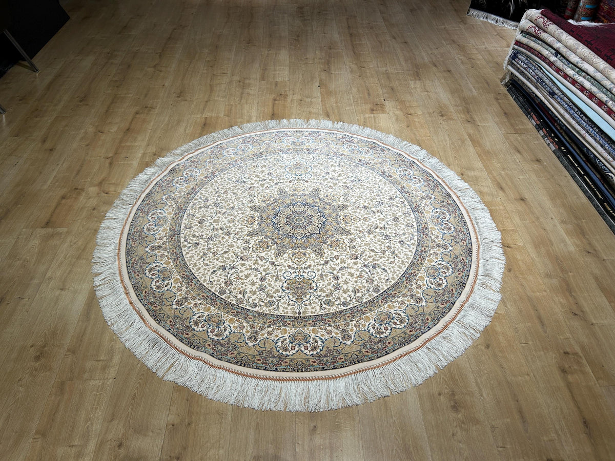 5x5 ft Ivory Blue Beige Round Silk Rug, Classic Turkish Medallion Design Carpet