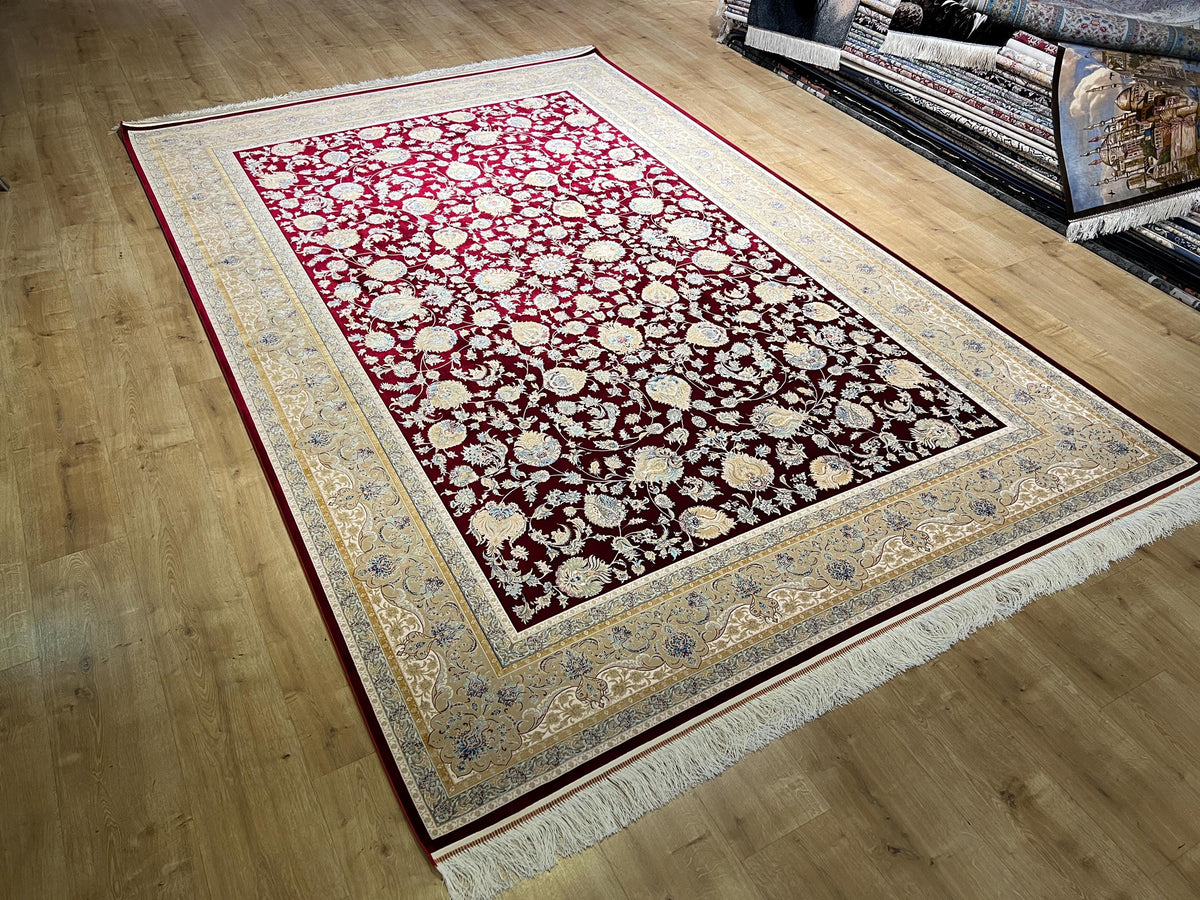 7x10ft Red Floral Silk Rug, Traditional Bordered Rug, Luxury Home Decor