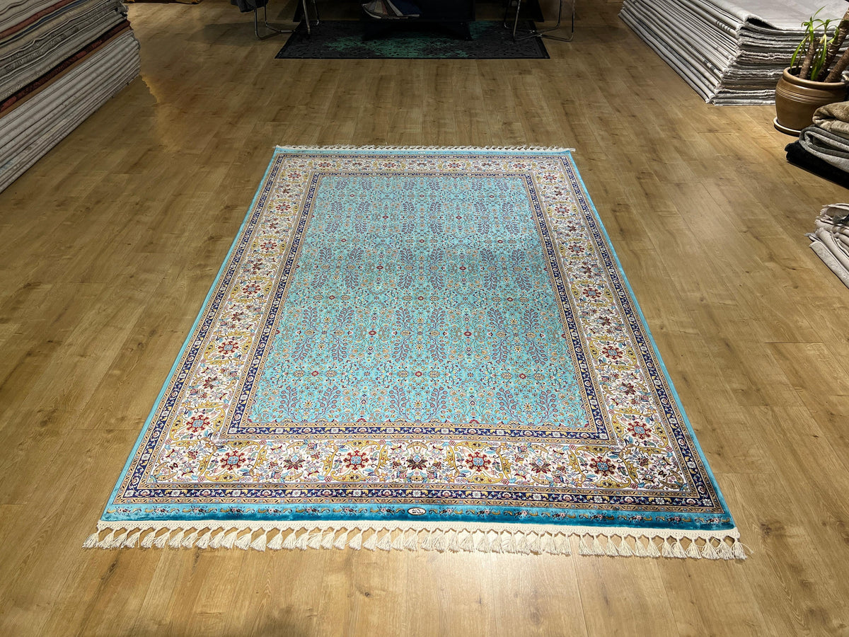 Blue Silk Rug, Floral Border Design, Turkish Style Carpet, Luxury Rug