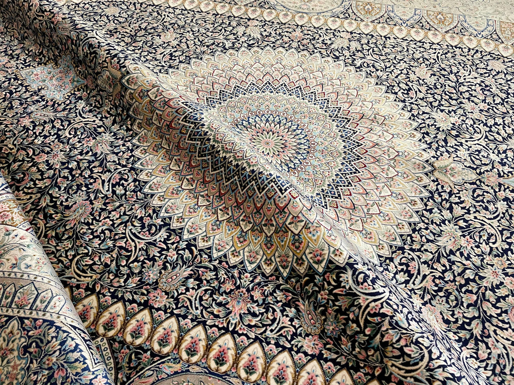 7x10 Ft Dark Blue Silk Rug, Luxury Medallion Design, Traditional Pattern