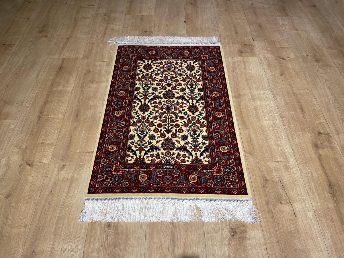 Cream Small Silk Rug, Red Bordered Floral Silk Mat, Luxury Home Decor