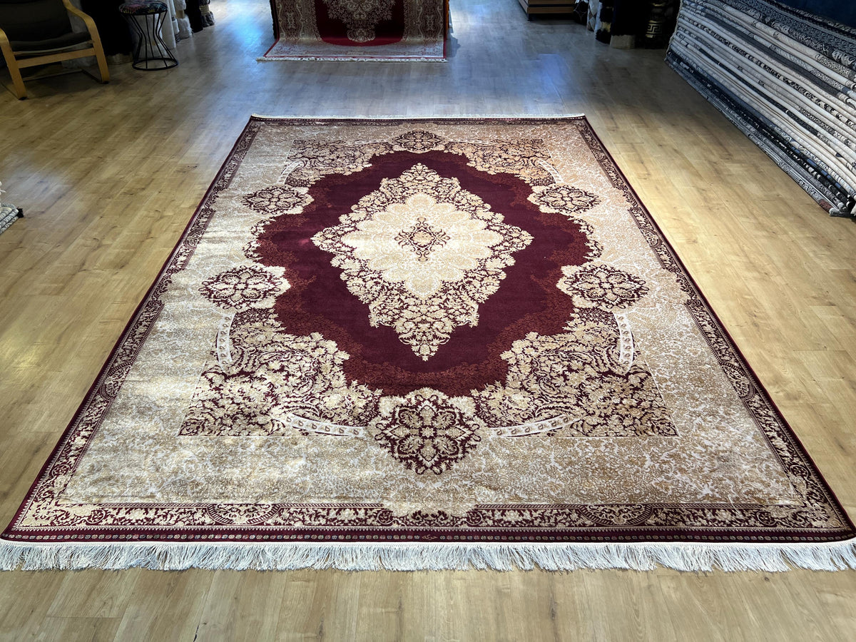 8x11 ft Red Silk Rug with Gold Medallion – Classic Turkish Style Luxury Carpet