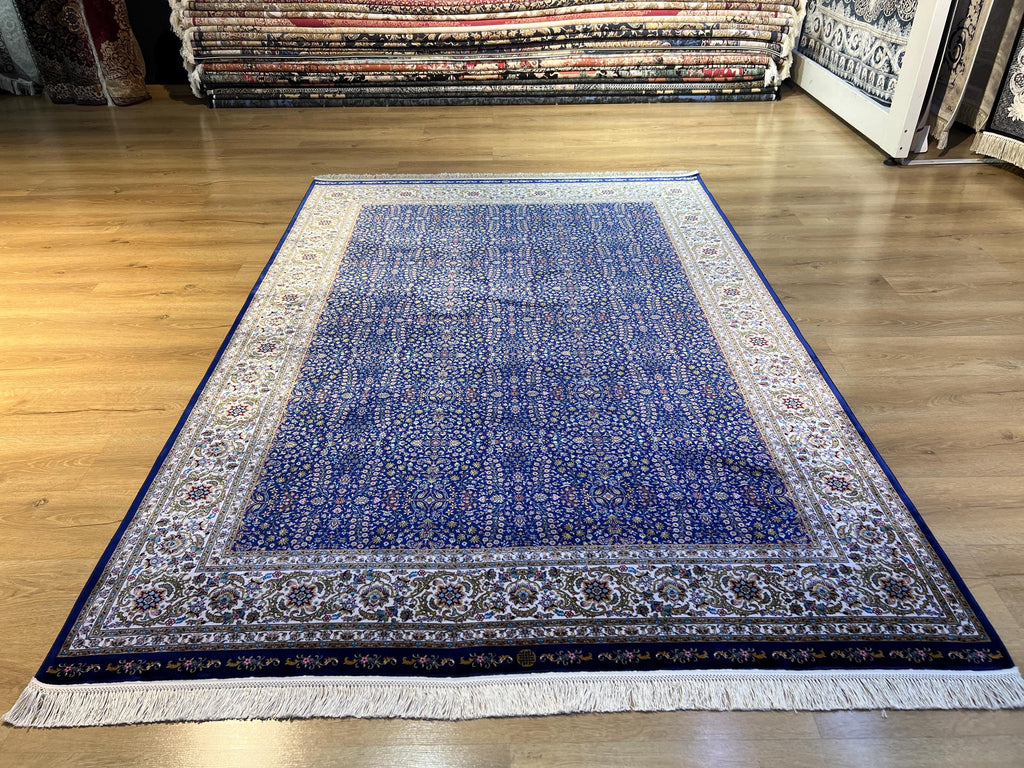 5x8 ft Navy Blue Silk Rug, Floral Border Design, Turkish Style Carpet, Luxury Rug