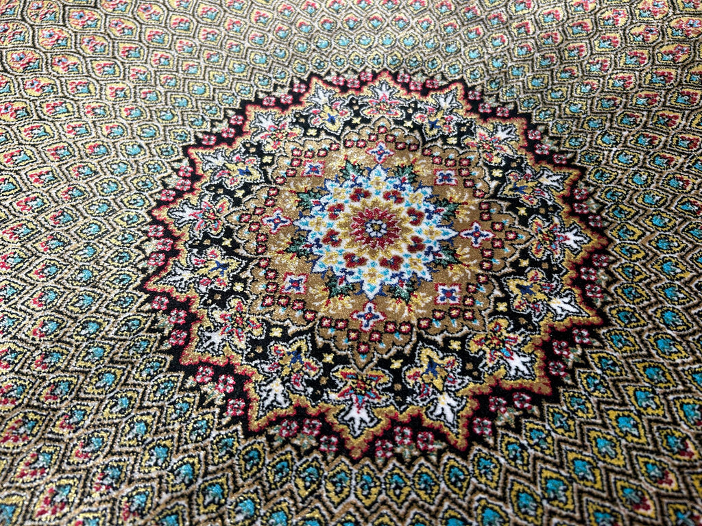 Black Gold Round Silk Rug, Classic Turkish Style Carpet, Medallion Design