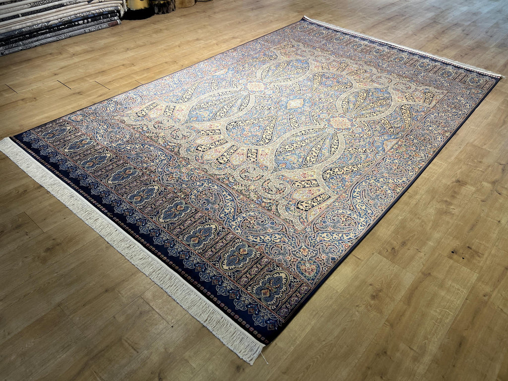 7x10 ft Blue Gold Silk Rug, Classic Turkish Carpet, Luxury Floral Design, Area Rug