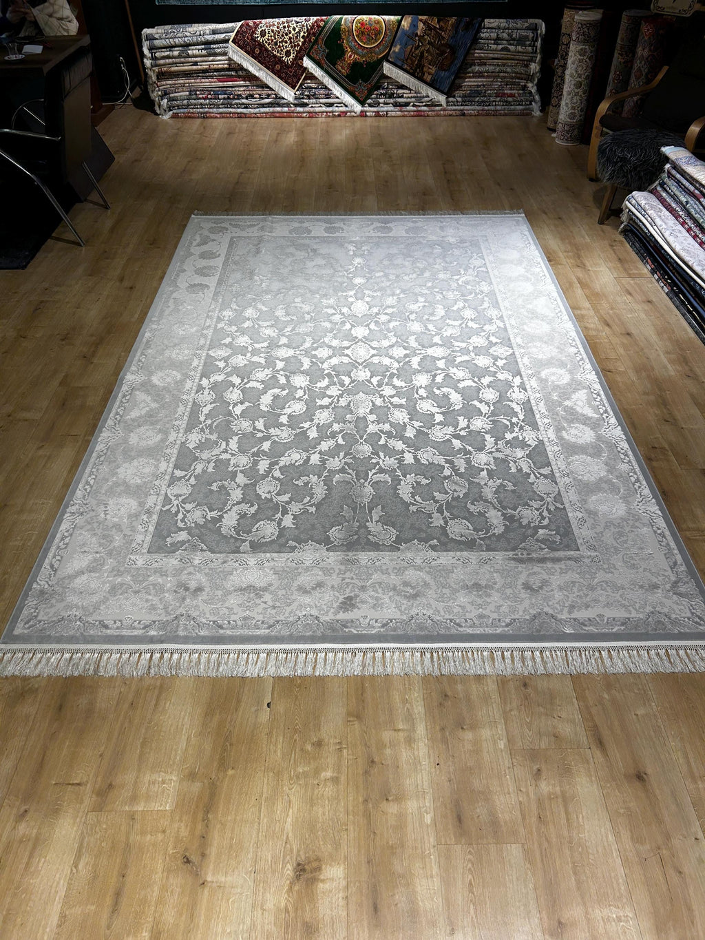 Gray Silk Bamboo Rug, 7x10 ft, Floral Pattern Bordered Turkish Rug