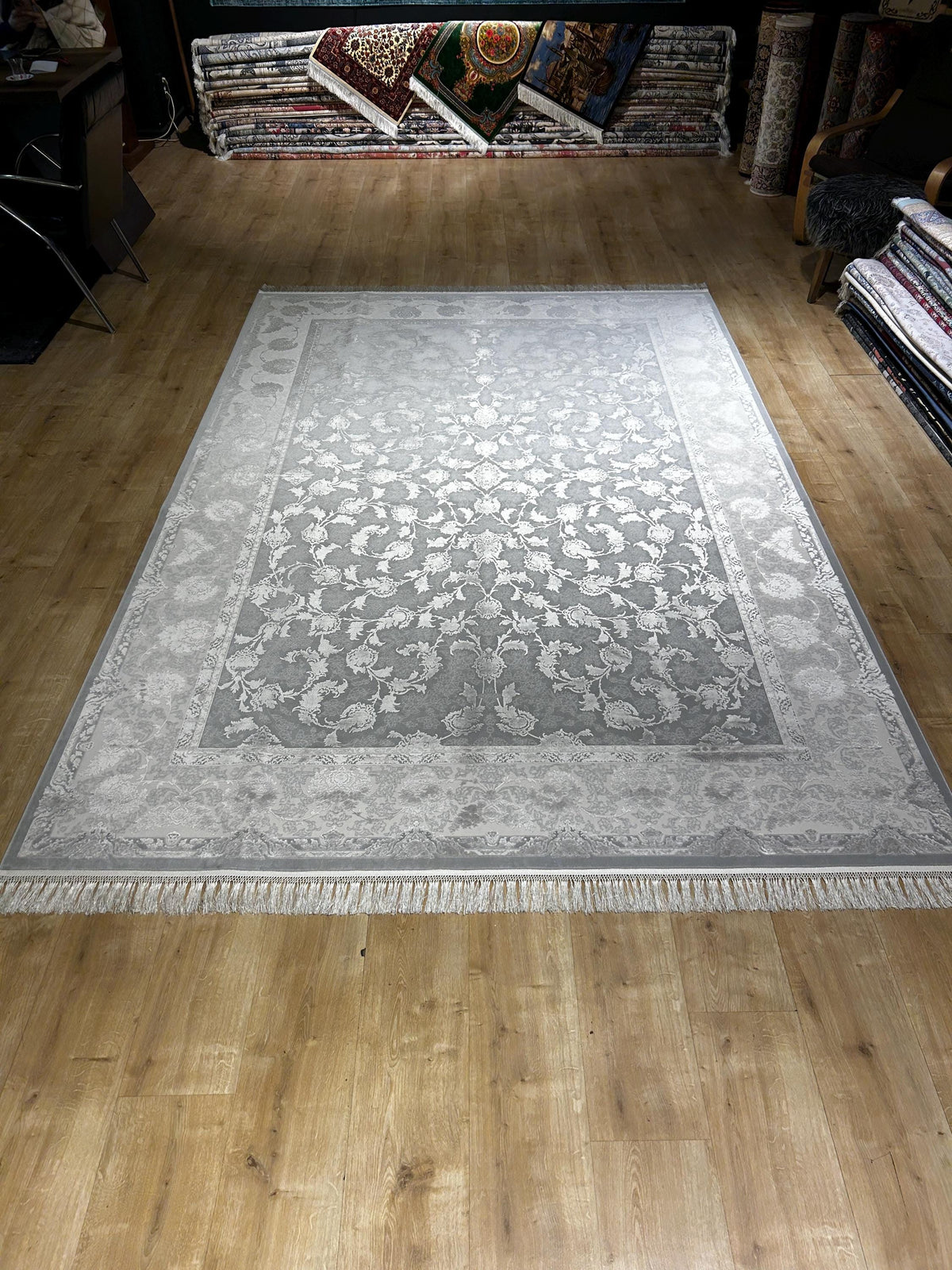 Gray Silk Bamboo Rug, 7x10 ft, Floral Pattern Bordered Turkish Rug