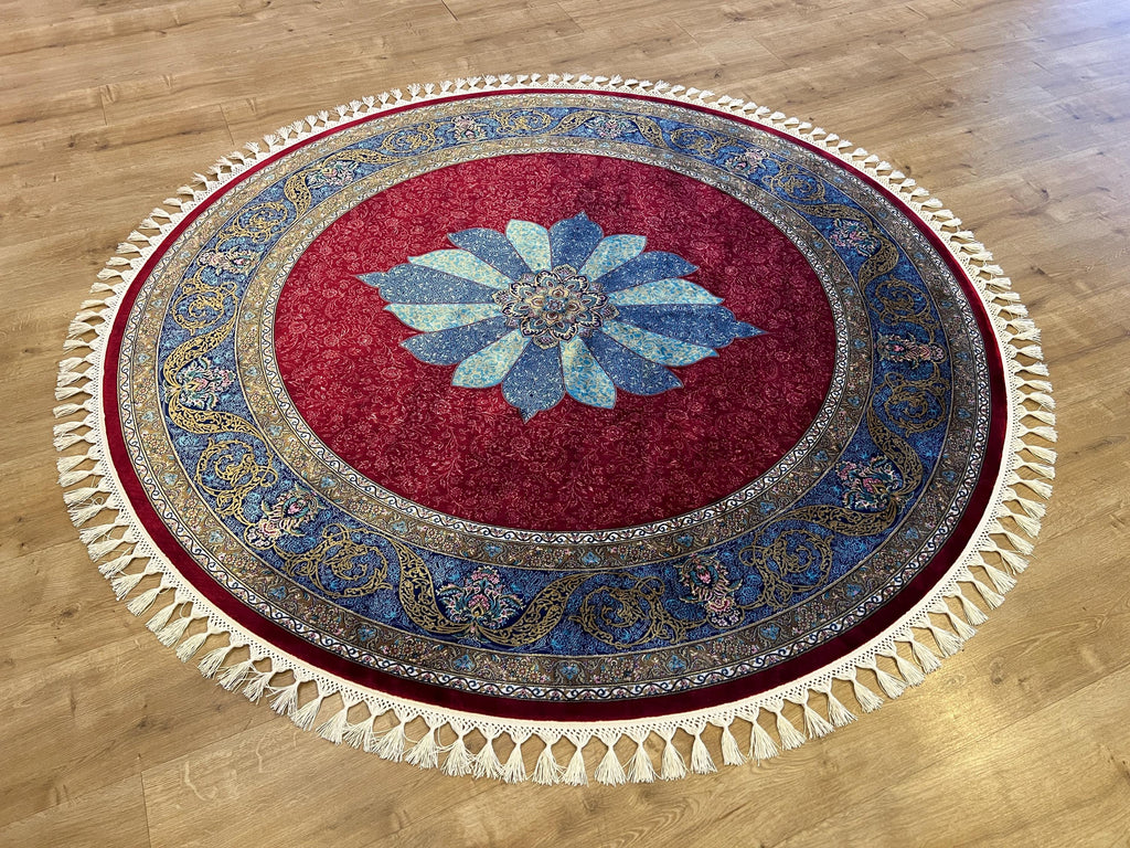 5x5 ft Round Red Silk Rug With Blue Medallion