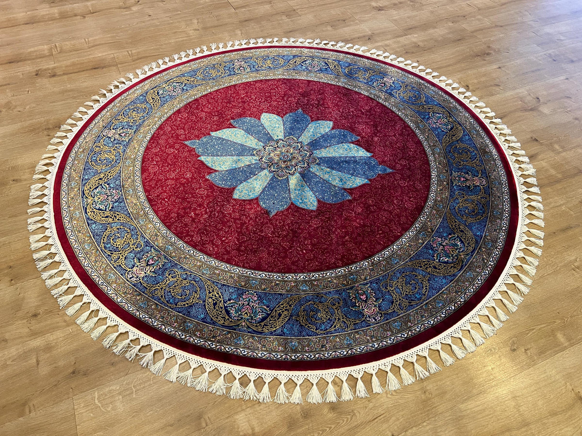 5x5 ft Round Red Silk Rug With Blue Medallion