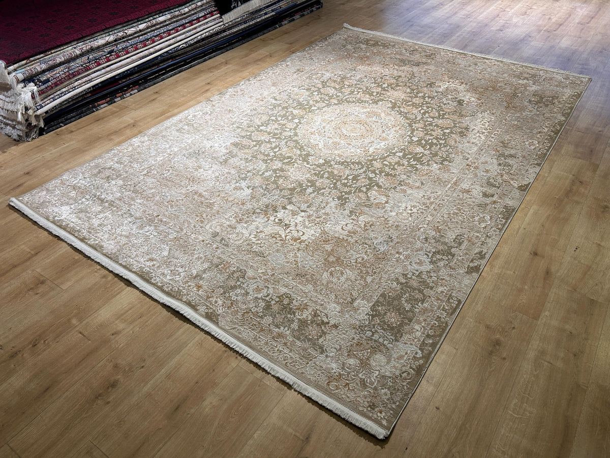 Light Brown Beige Silk Rug, Medallion Design Classic Silk Carpet