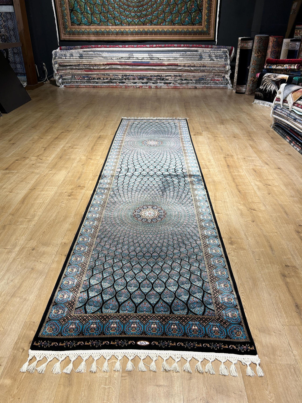 Blue Black Silk Runner Rug, Medallion Peacock Tail Design Rug, Traditional Carpet