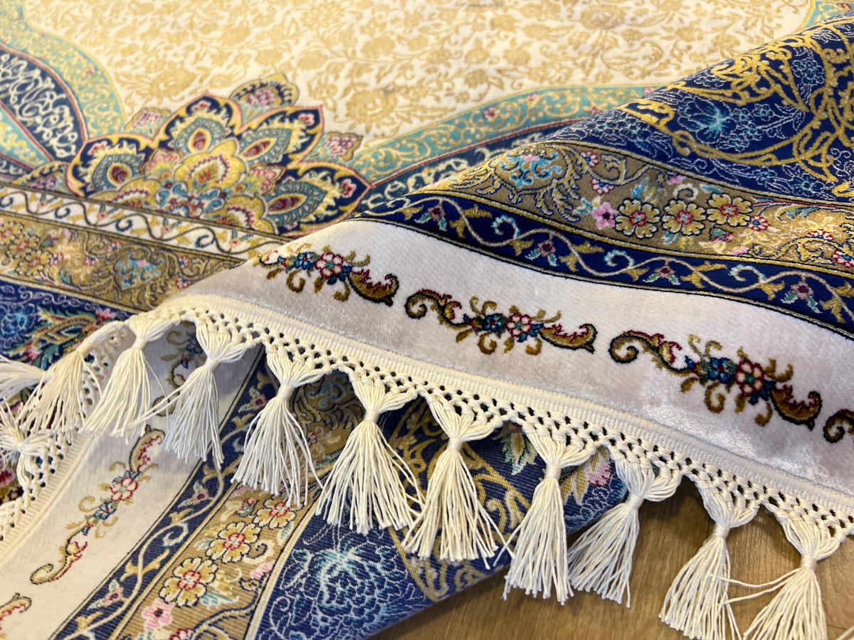 Ivory Silk Rug, Gold Blue Medallion, Classic Traditional Style Carpet
