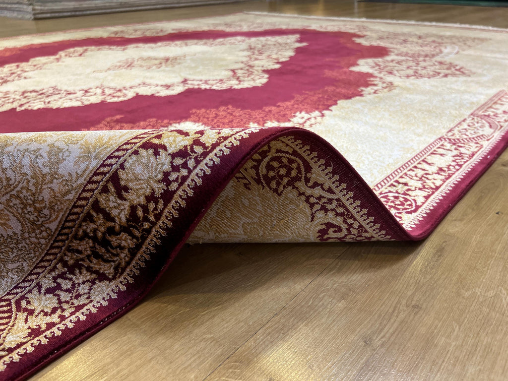 7x10 ft Red Silk Rug with Gold Medallion – Classic Turkish Style Luxury Carpet
