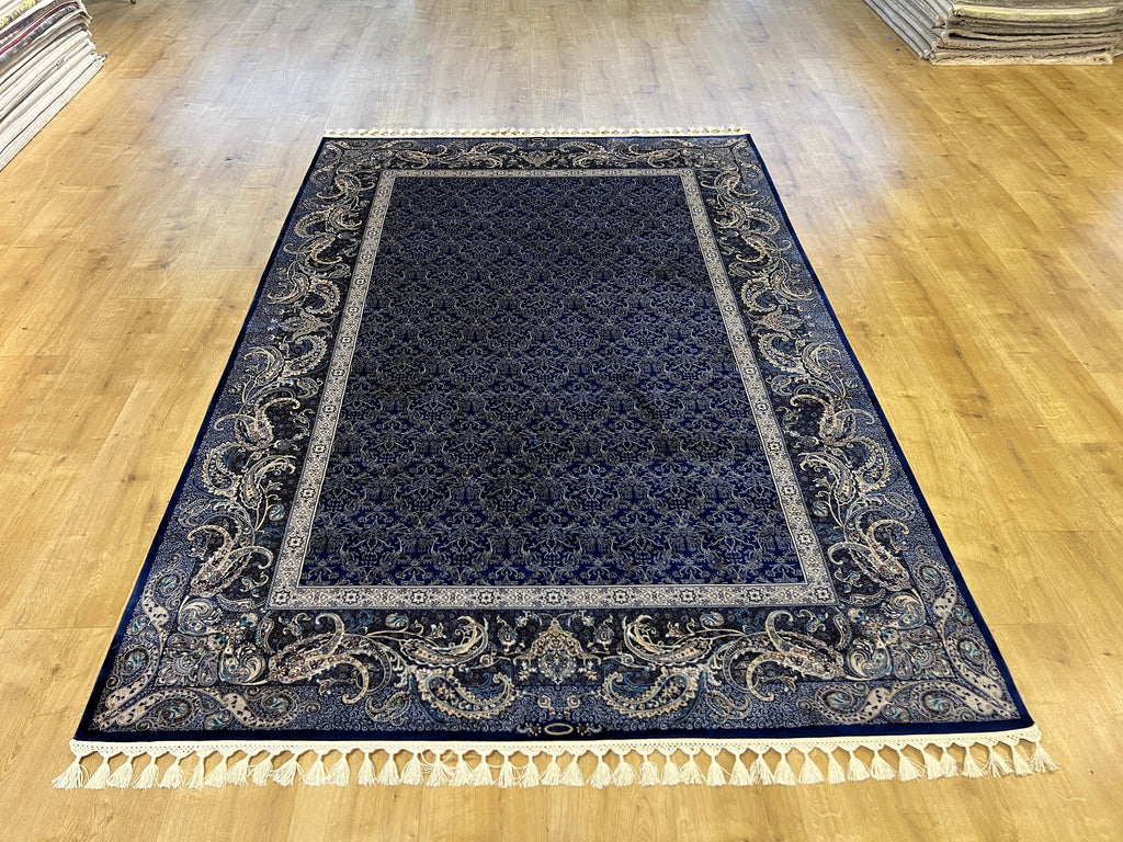 Dark Blue Silk Rug, Bordered Classic Turkish Carpet