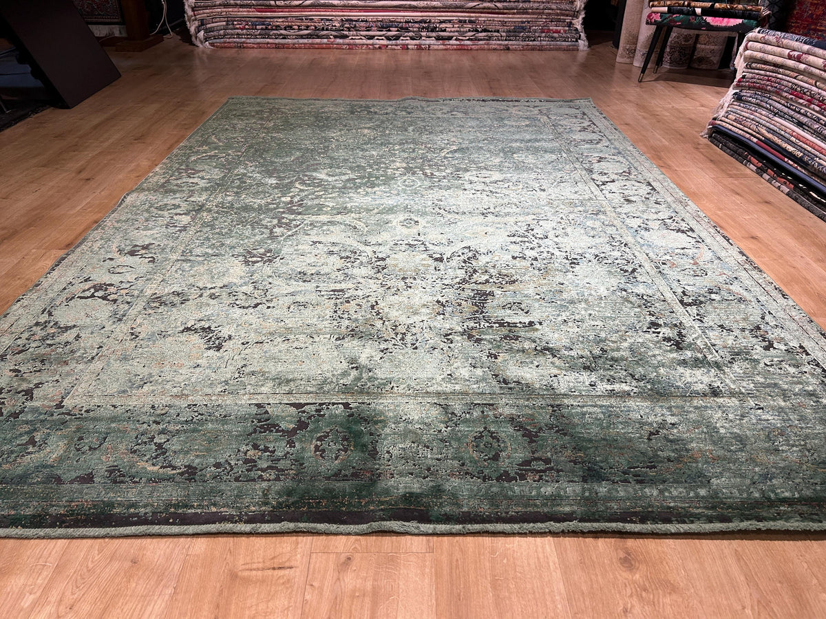 7x10 ft Green Bamboo Rug, Distressed Pattern Vintage Area Rug, Luxury Home Decor