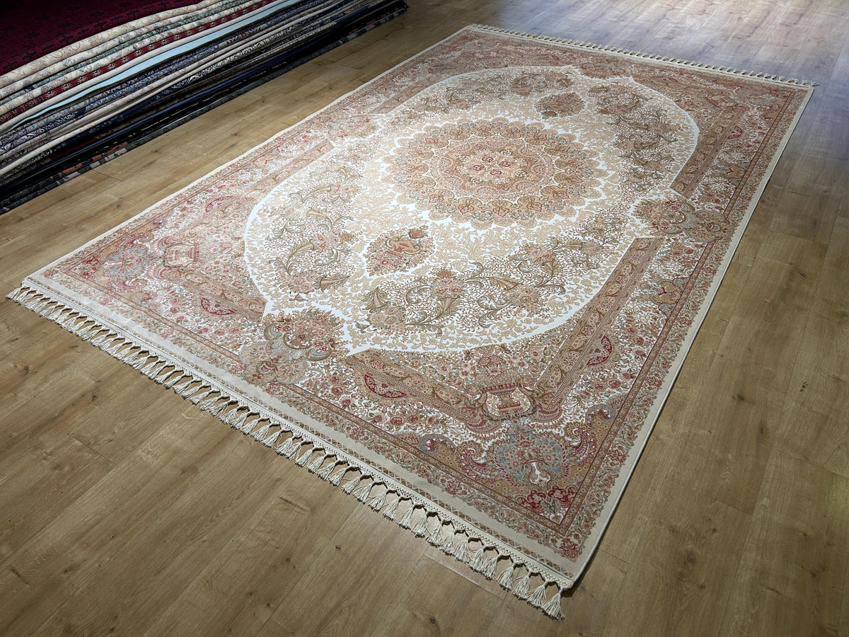 7x10 Ivory Silk Rug, Green Gold Floral Silk Carpet, Classic Medallion Design