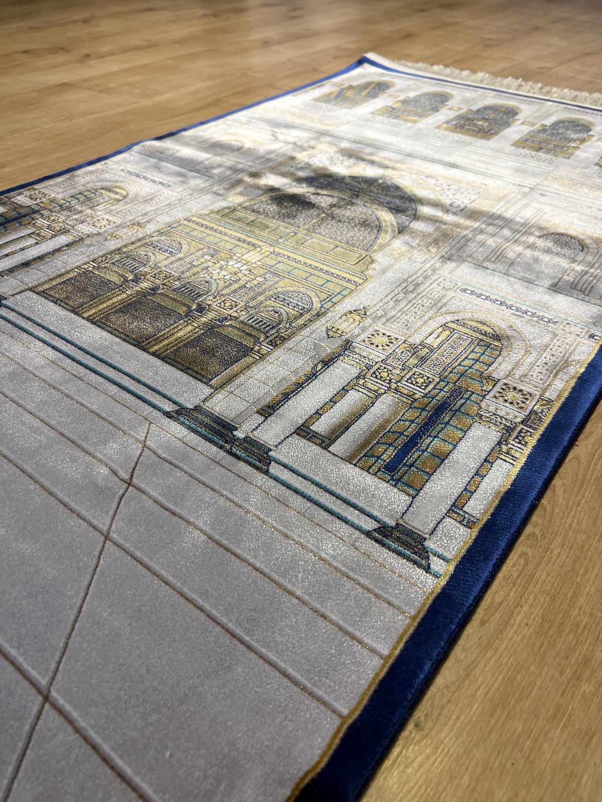 Gray Mosque Design Silk Prayer Rug with Blue Border